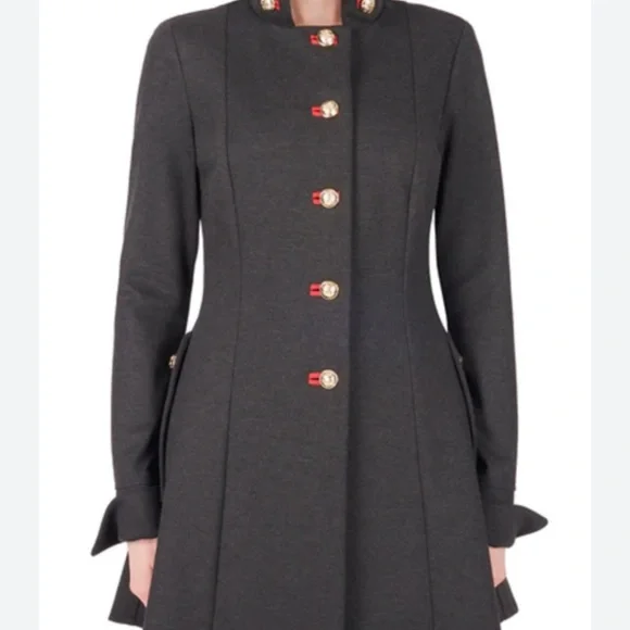 Joseph Ribkoff Military Coat, 3/4 length, Charcoal with red accents Size 12 - Picture 1 of 15